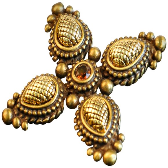 DESIGNER INSPIRED, SATIN BRONZE MEDALLION PIN – WITH TOPAZ CRYSTAL CENTER - Picture 1 of 2